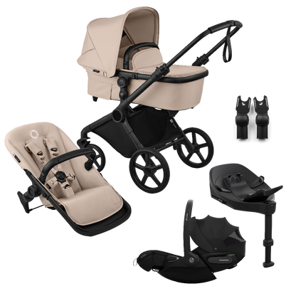 Bugaboo Cub travel system in desert taupe beige, complete with Cybex cloud S car seat and isofix base.