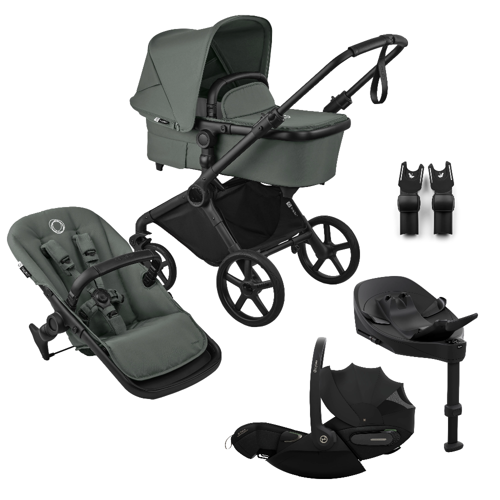 Bugaboo Cub travel system in forest green, complete with Cybex cloud S car seat and isofix base.