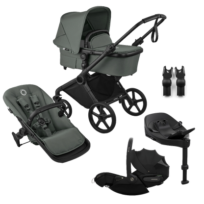 Bugaboo Cub travel system in forest green, complete with Cybex cloud S car seat and isofix base.