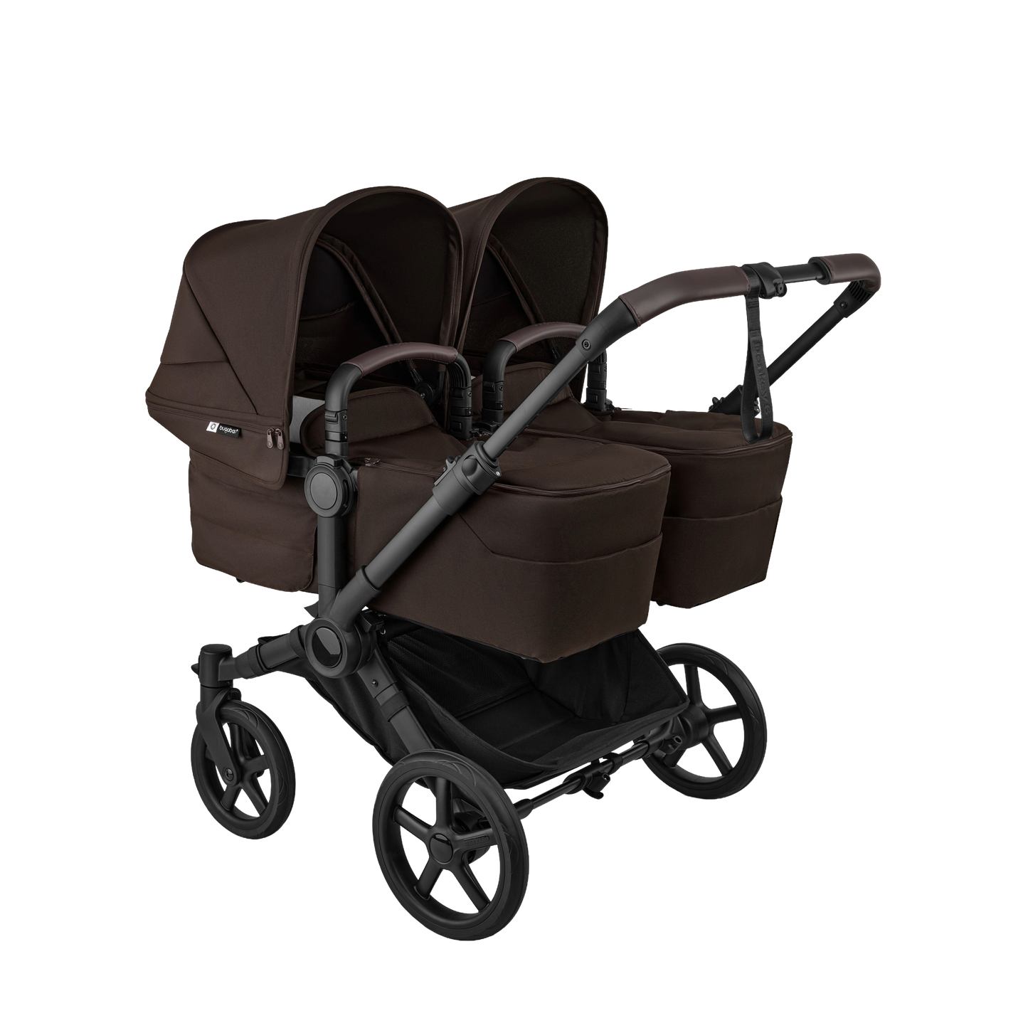 Bugaboo donkey twin pushchair and accessories in cocoa brown.