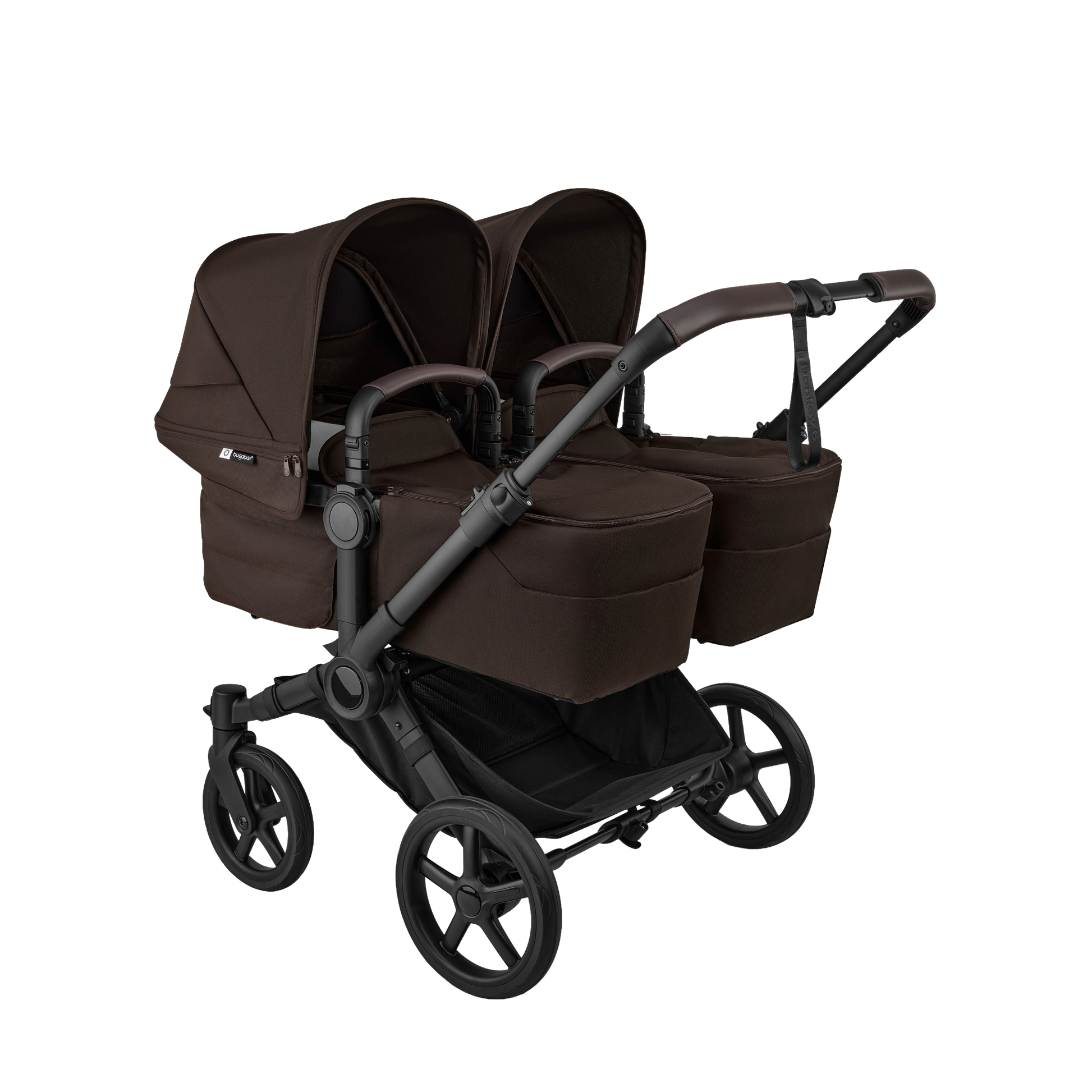 Bugaboo donkey twin pushchair and accessories in cocoa brown.
