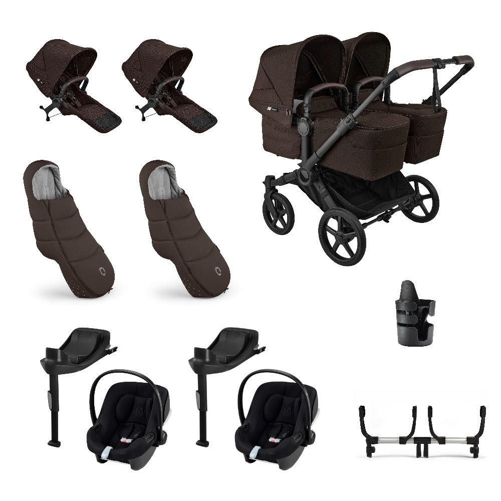 Donkey twin pushchair in cocoa brown with matching accessories and atonB2 car seats and bases