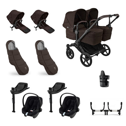 Donkey twin pushchair in cocoa brown with matching accessories and atonB2 car seats and bases