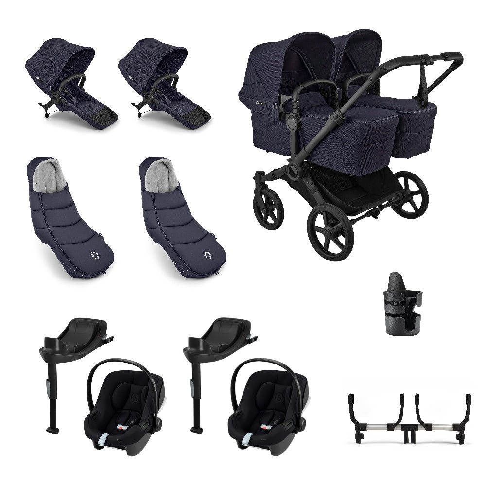 Donkey twin pushchair in deep indigo navy with matching accessories and atonB2 car seats and bases