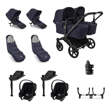 Donkey twin pushchair in deep indigo navy with matching accessories and atonB2 car seats and bases