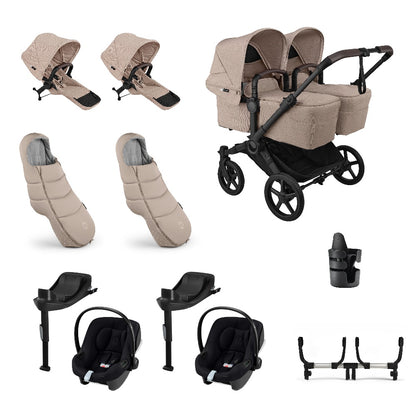 Donkey twin pushchair in desert taupe beige with matching accessories and atonB2 car seats and bases