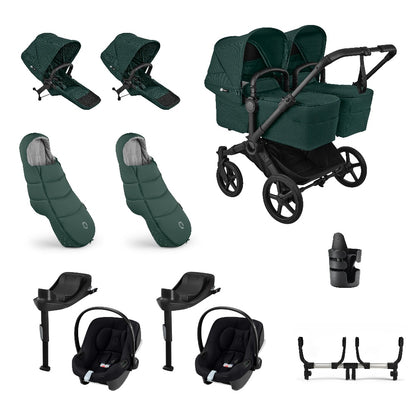 Donkey twin pushchair in fern green with matching accessories and atonB2 car seats and bases