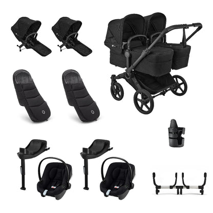 Donkey twin pushchair in heritage black with matching accessories and atonB2 car seats and bases