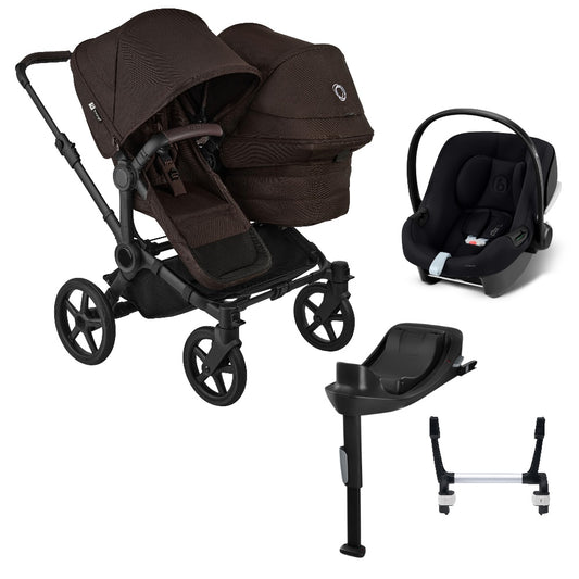 Bugaboo Donkey 6 double in Cocoa Brown with cybex aton B2 car seat and base.