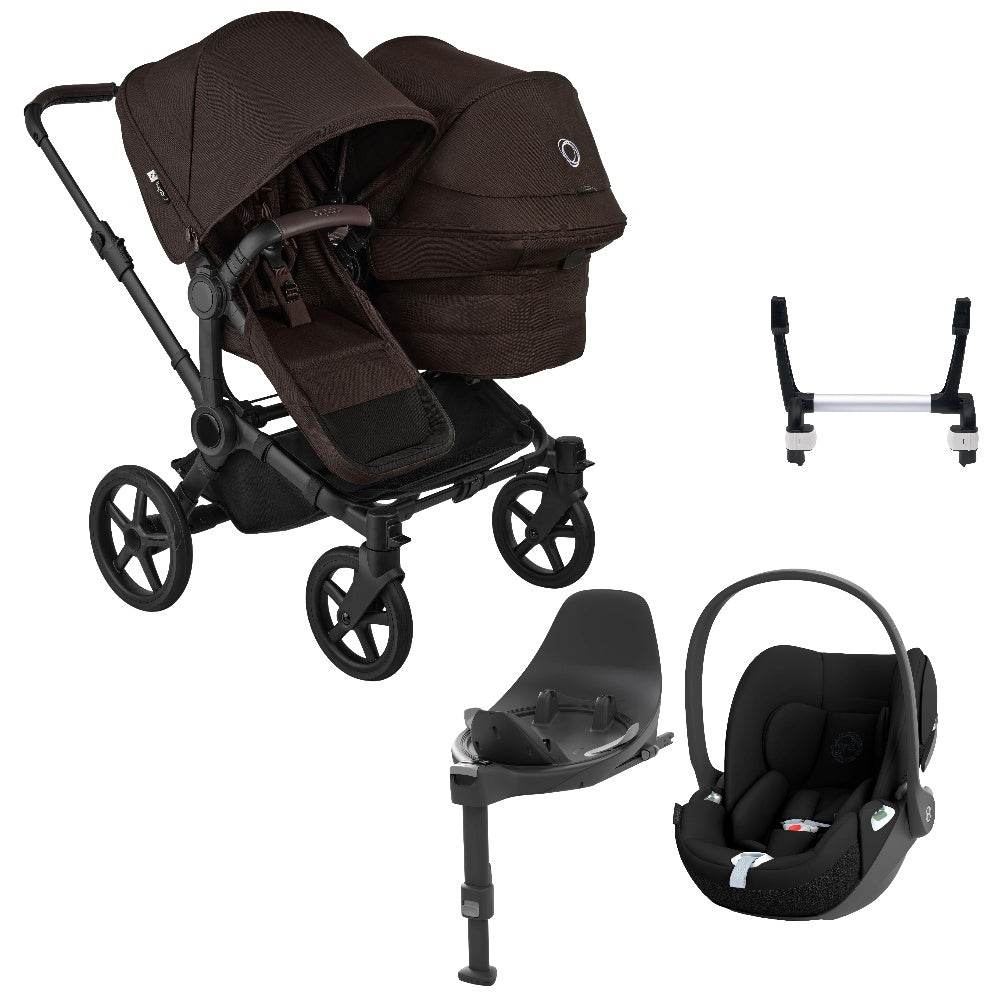 Bugaboo Donkey 6 double in Cocoa Brown with cybex cloud t car seat and base.