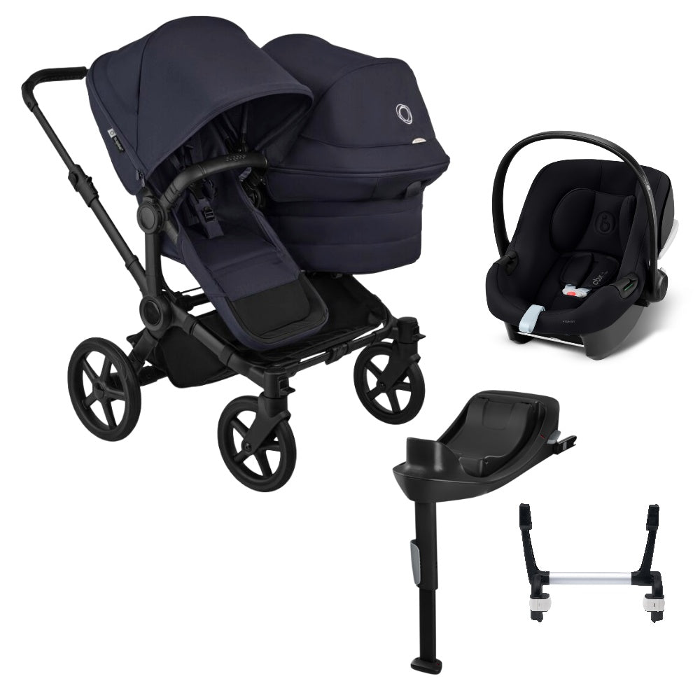 Bugaboo Donkey 6 double in deep indigo with cybex aton B2 car seat and base.