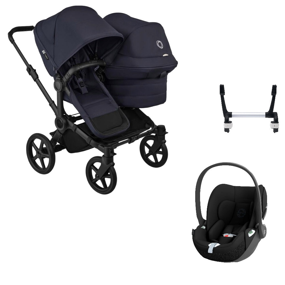 Bugaboo Donkey 6 double in deep indigo with cybex cloud t car seat.
