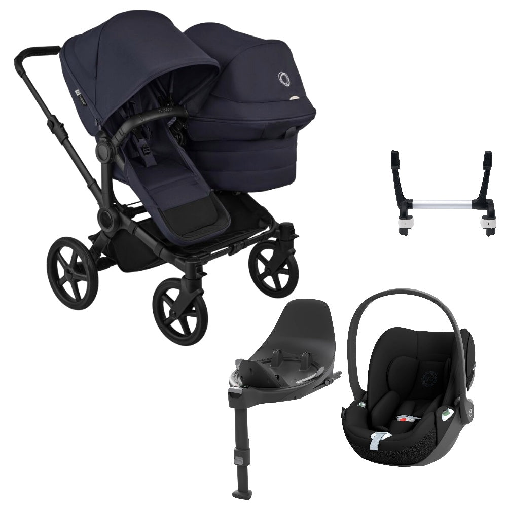 Bugaboo Donkey 6 double in deep indigo with cybex cloud t car seat and base.