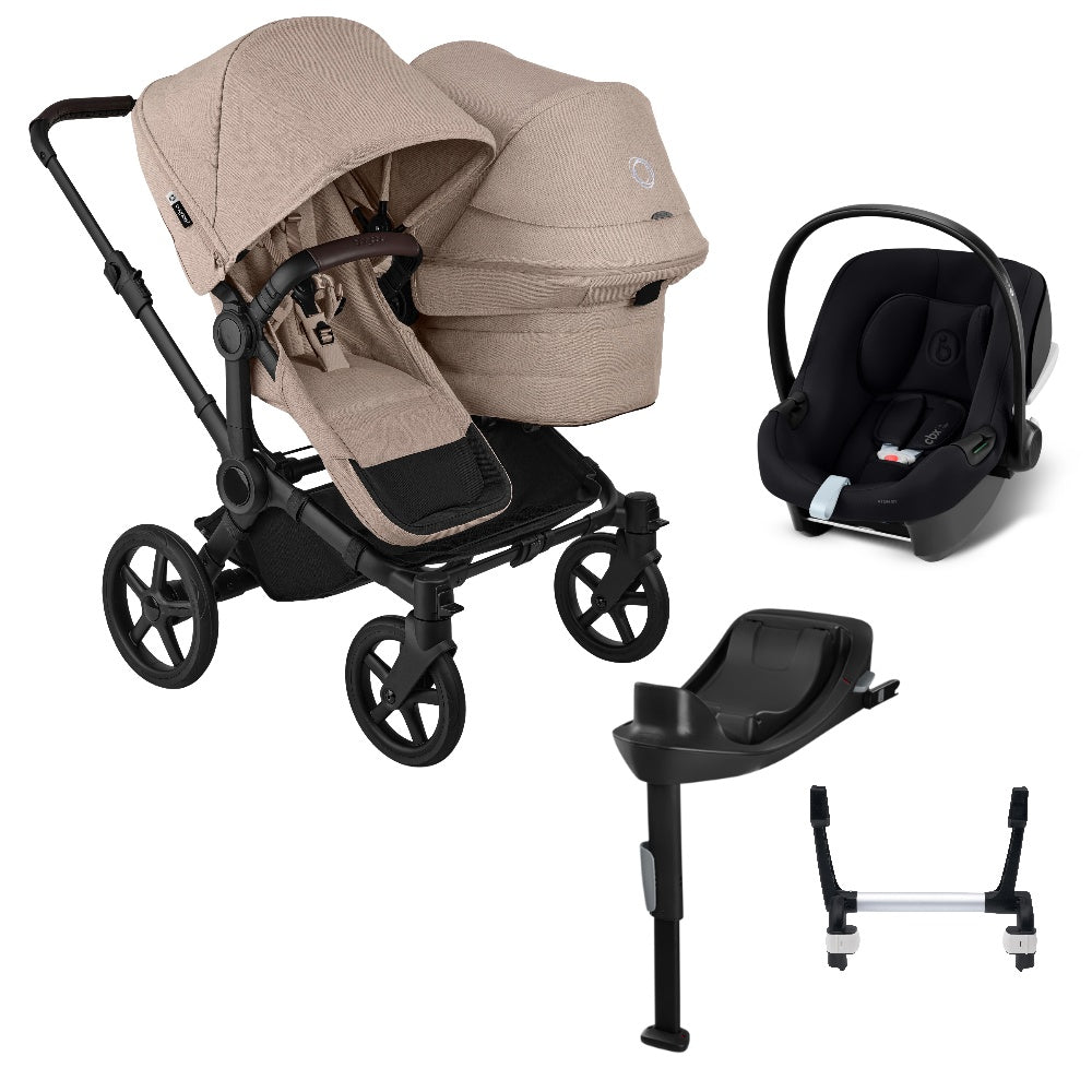Bugaboo Donkey 6 double in desert taupe with cybex aton B2 car seat and base.