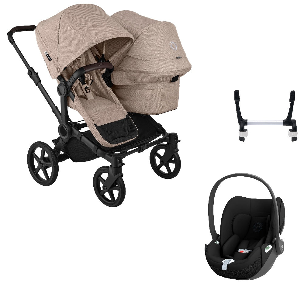 Bugaboo Donkey 6 double in desert taupe with cybex cloud t car seat.