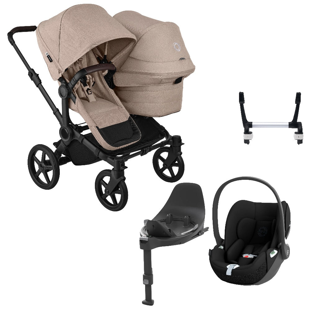 Bugaboo Donkey 6 double in desert taupe with cybex cloud t car seat and base.
