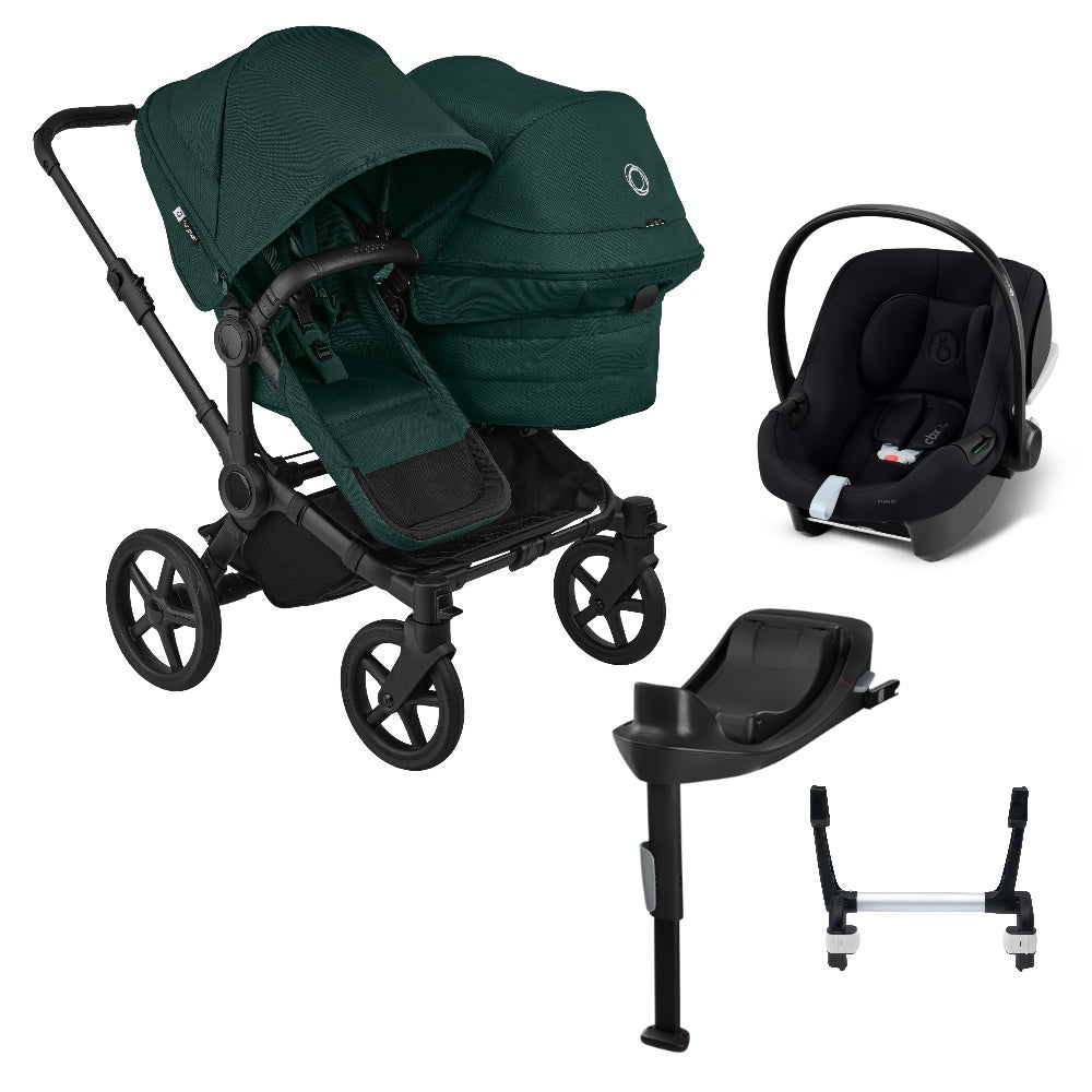 Bugaboo Donkey 6 double in fern green with cybex aton B2 car seat and base.