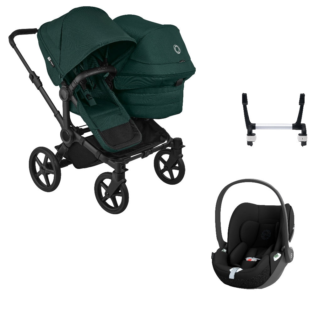 Bugaboo Donkey 6 double in fern green with cybex cloud t car seat.
