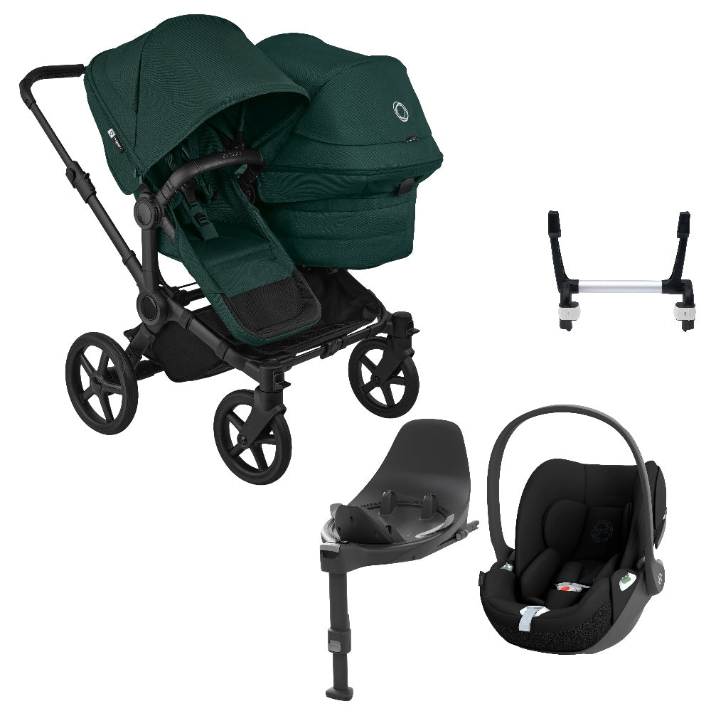 Bugaboo Donkey 6 double in fern green with cybex cloud t car seat and base.