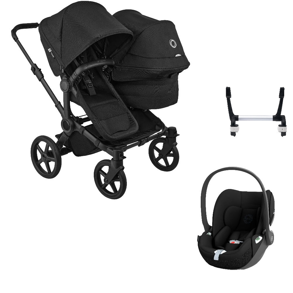 Bugaboo Donkey 6 double in heritage black with cybex cloud t car seat.