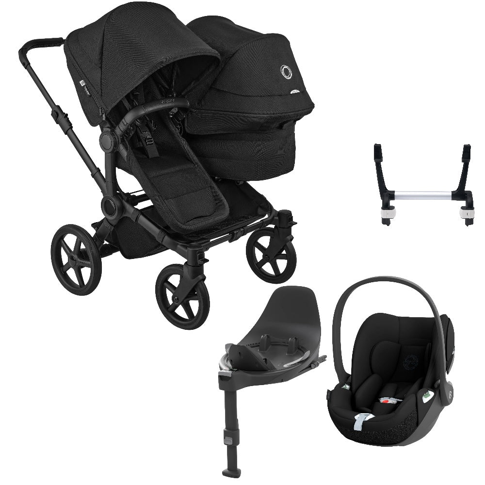 Bugaboo Donkey 6 double in heritage black with cybex cloud t car seat and base.