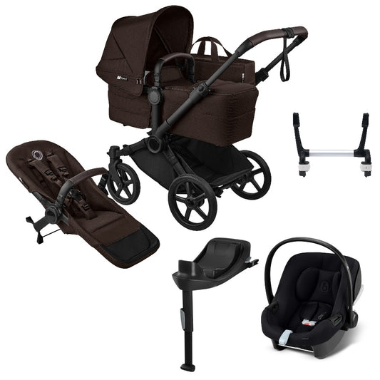 Bugaboo Donkey 6 in Cocoa Brown with cybex aton B2 car seat and base.