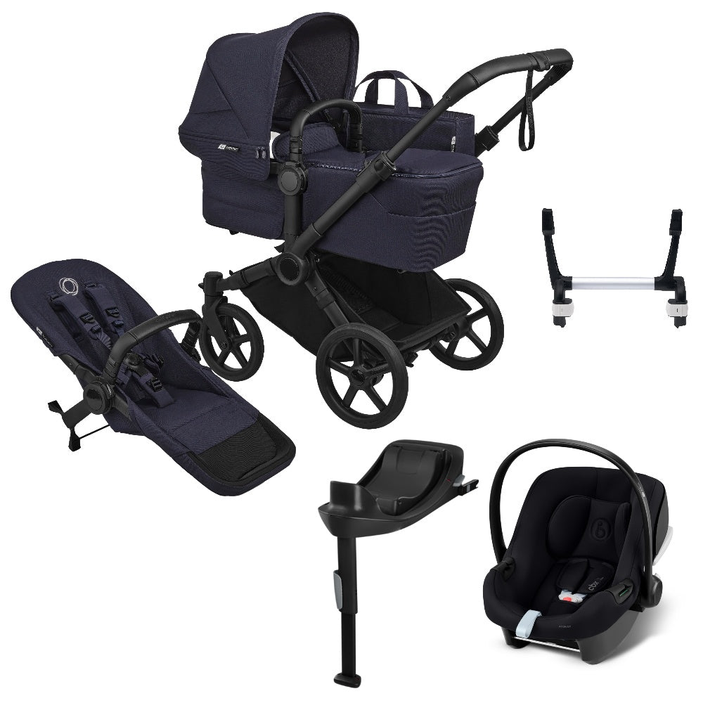 Bugaboo Donkey 6 in deep indigo with cybex aton B2 car seat and base.