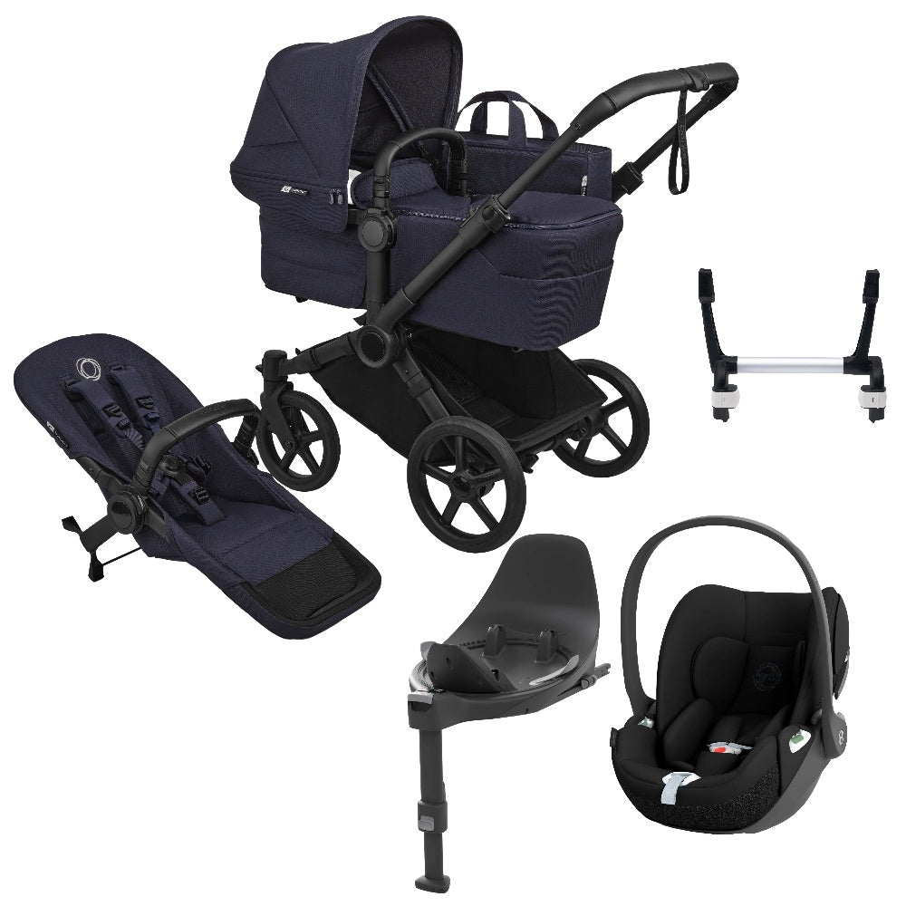 Bugaboo Donkey 6 in deep indigo with cybex cloud t car seat and base.