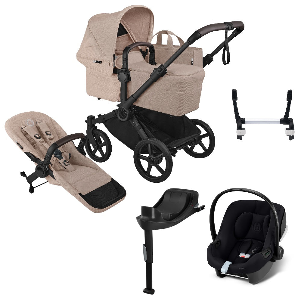 Bugaboo Donkey 6 in desert taupe with cybex aton B2 car seat and base.