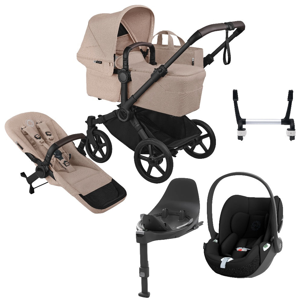 Bugaboo Donkey 6 in desert taupe with cybex cloud t car seat and base.