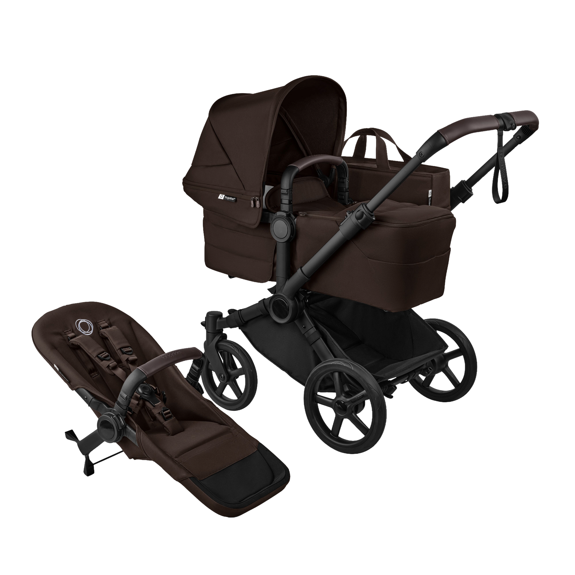 Donkey single pushchair and carrycot bundle in cocoa brown with accessories and aton b2car seat and base.