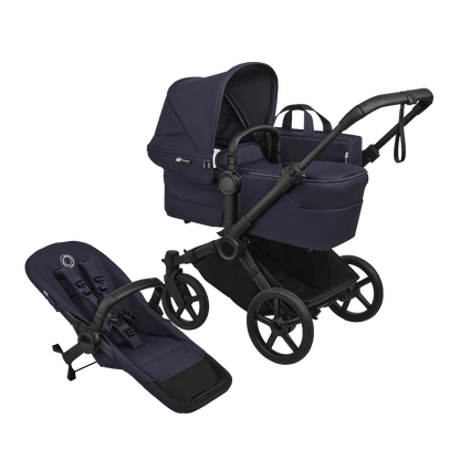 Donkey single pushchair and carrycot bundle in deep indigo navy with accessories and aton b2car seat and base.