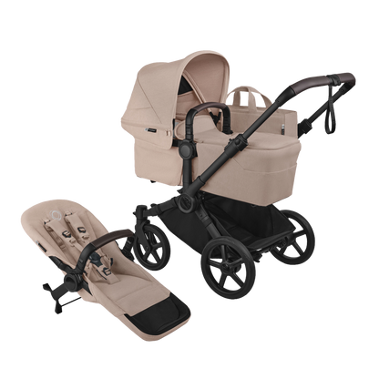 Donkey single pushchair and carrycot bundle in desert taupe beige navy with accessories and aton b2car seat and base.