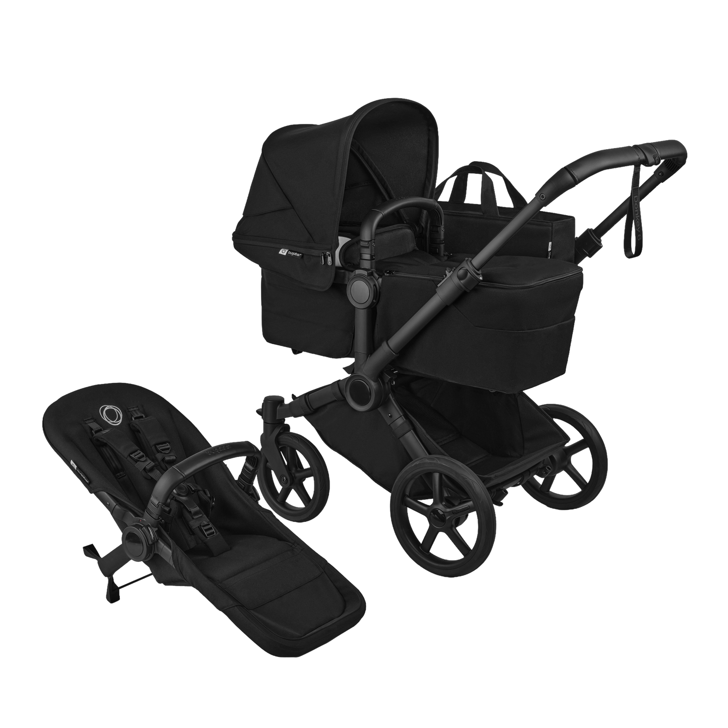 Donkey single pushchair and carrycot bundle in heritage black with accessories and aton b2car seat and base.
