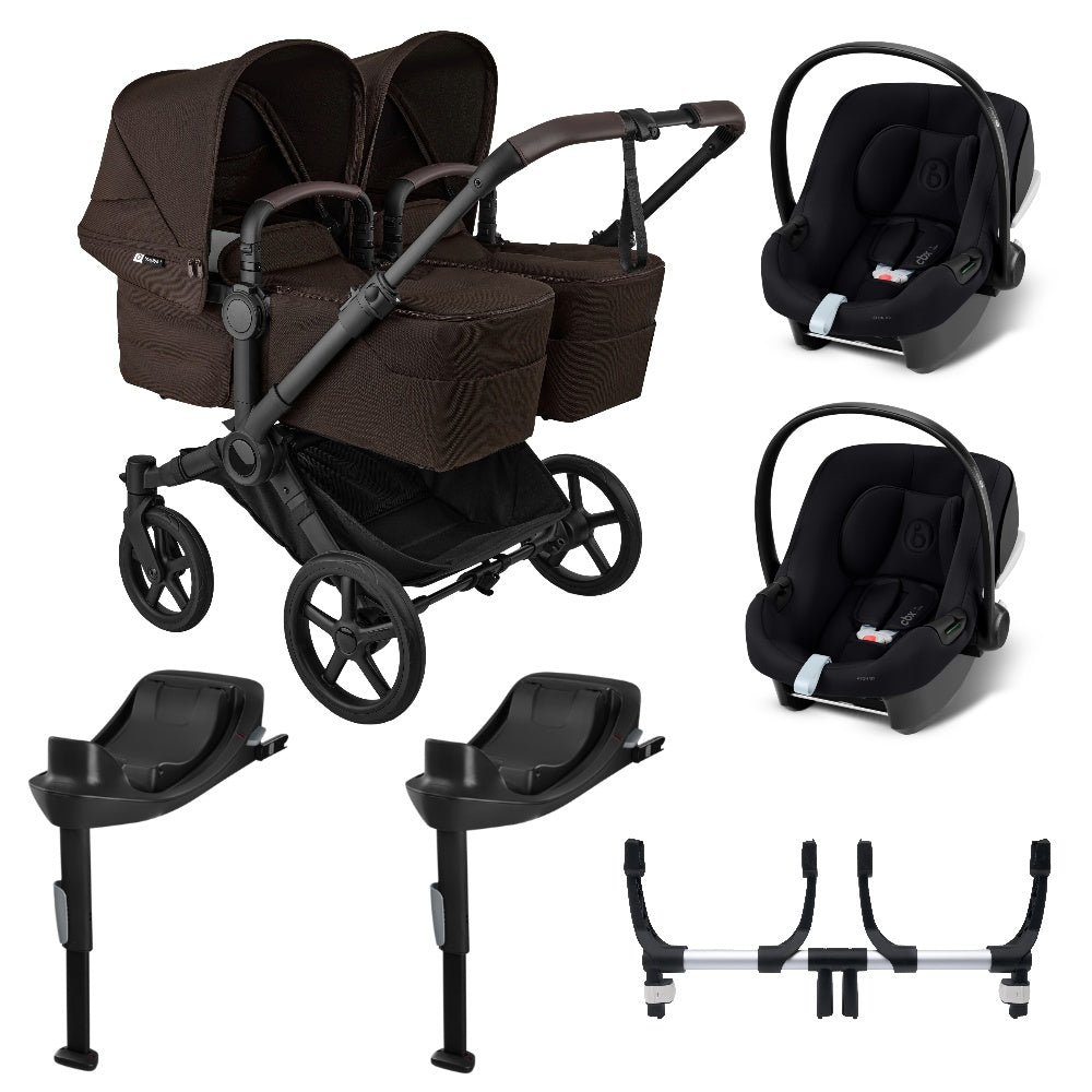 Bugaboo Donkey 6 twin in Cocoa Brown with 2 x cybex aton B2 car seats and bases.