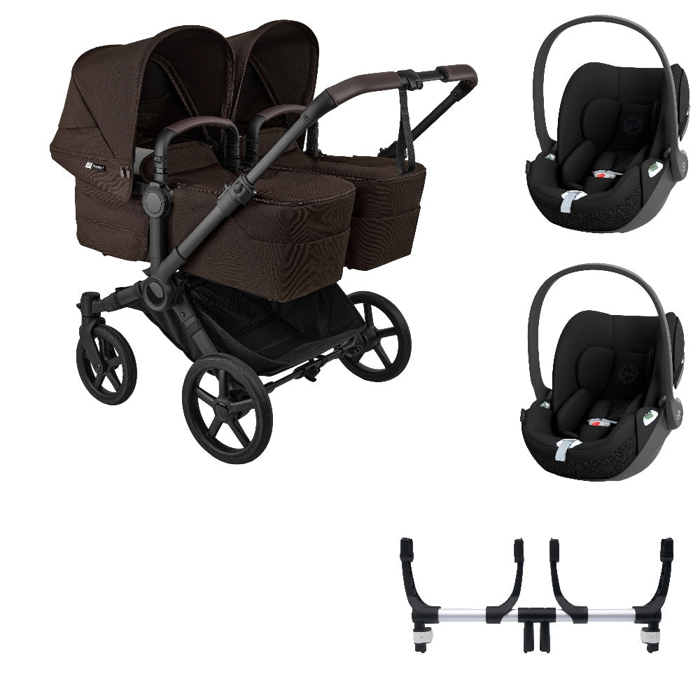Bugaboo Donkey 6 twin in Cocoa Brown with cybex cloud t car seats.