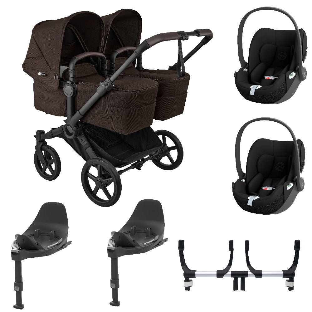 Bugaboo Donkey 6 twin in Cocoa Brown with cybex cloud t car seats & bases.