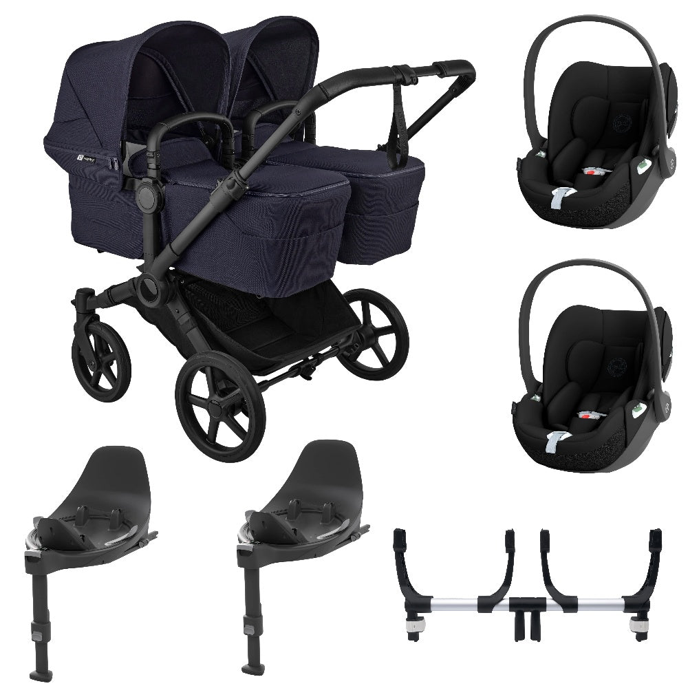 Bugaboo Donkey 6 twin in deep indigo with cybex cloud t car seats & bases.