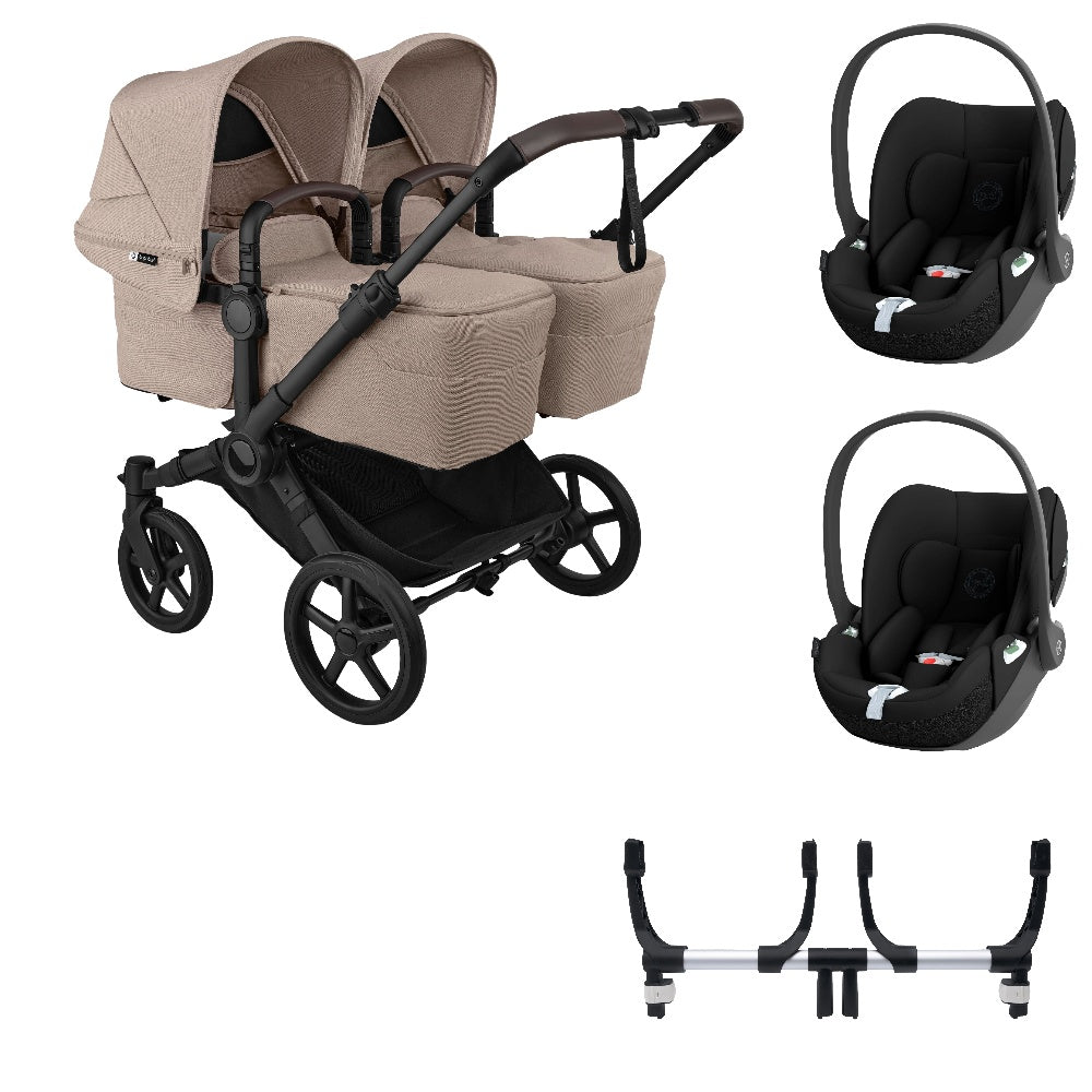 Bugaboo Donkey 6 twin in desert taupe with cybex cloud t car seats.