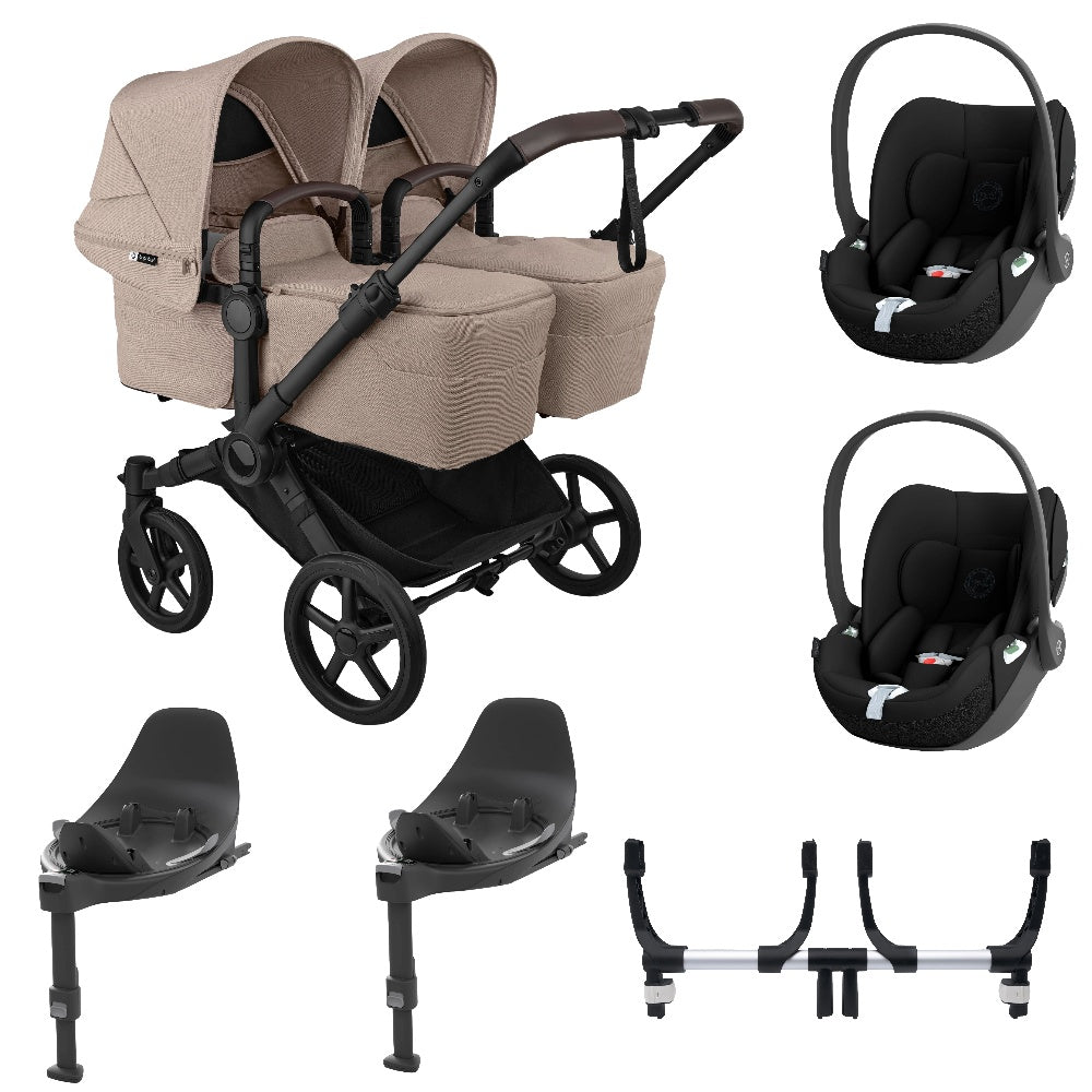 Bugaboo Donkey 6 twin in desert taupe with cybex cloud t car seats & bases.