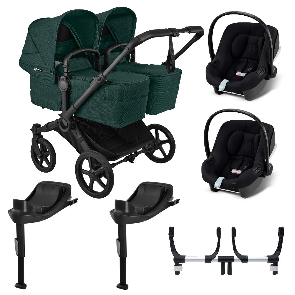 Bugaboo Donkey 6 twin in fern green with 2 x cybex aton B2 car seats and bases.