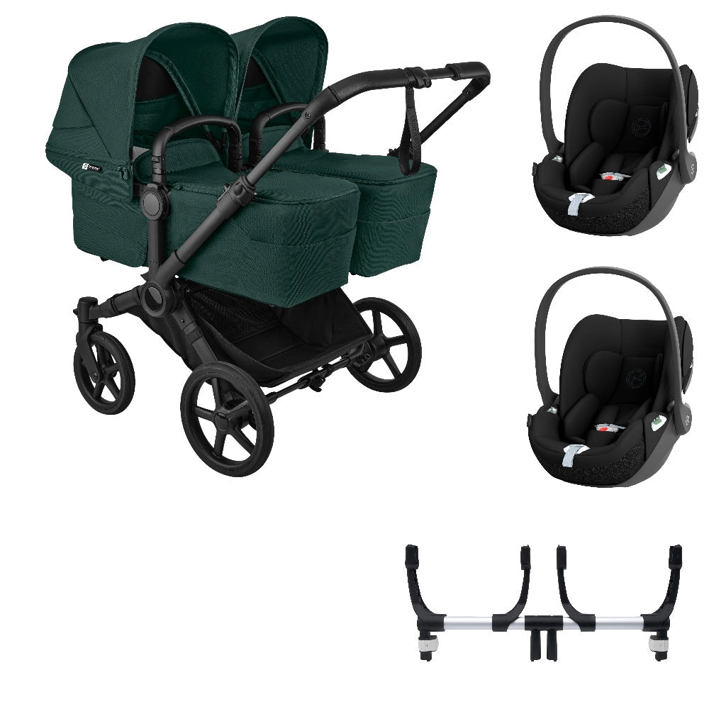 Bugaboo Donkey 6 twin in fern green with cybex cloud t car seats.