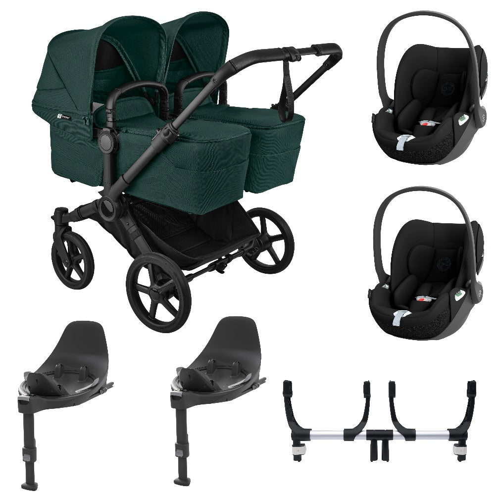 Bugaboo Donkey 6 twin in fern green with cybex cloud t car seats & bases.