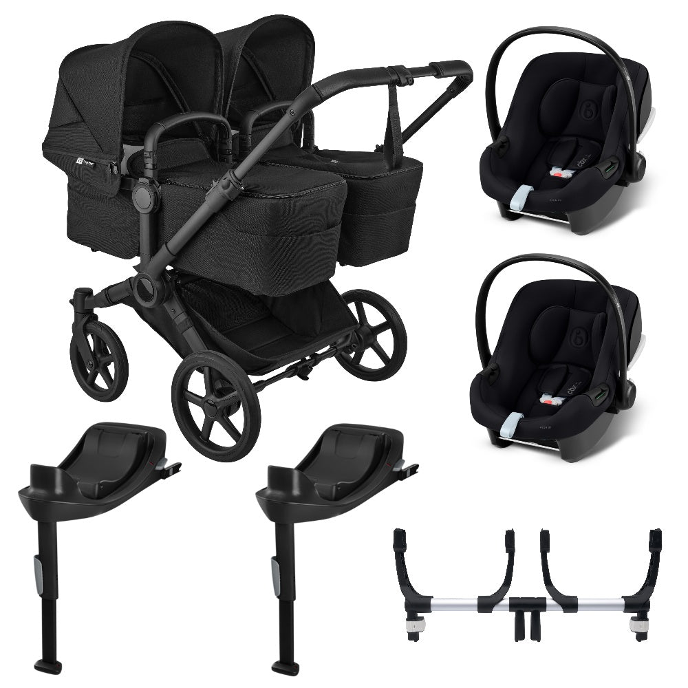 Bugaboo Donkey 6 twin in heritage black with 2 x cybex aton B2 car seats and bases.