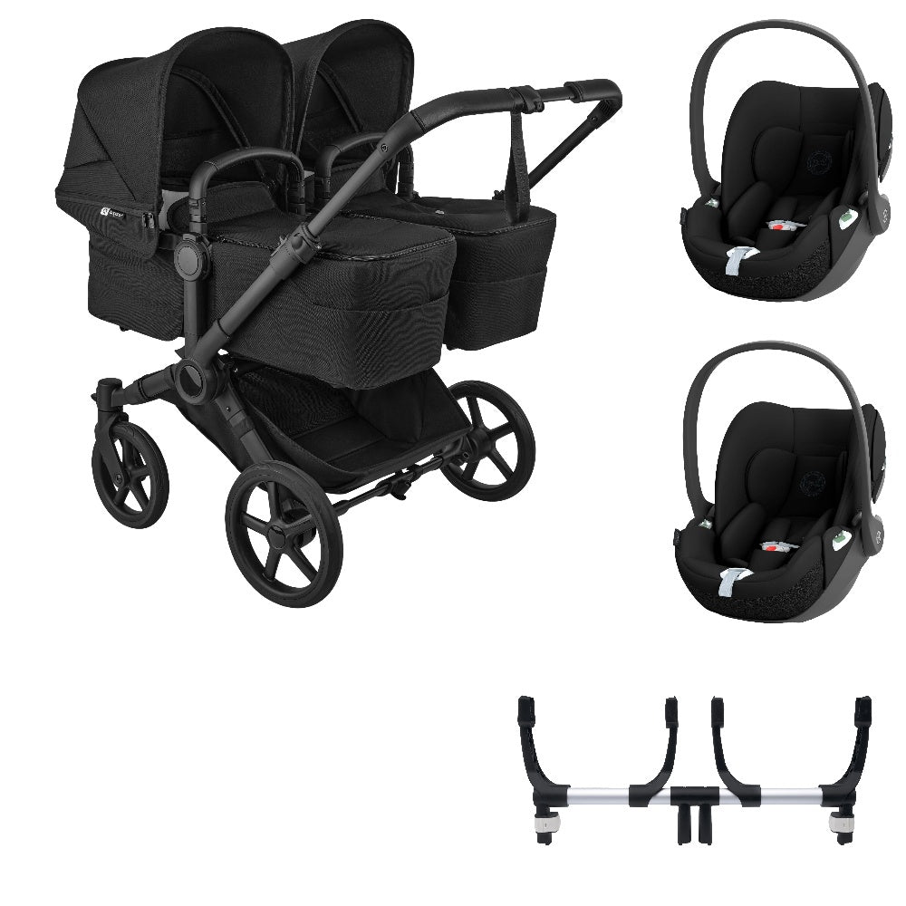 Bugaboo Donkey 6 twin in heritage black with cybex cloud t car seats.