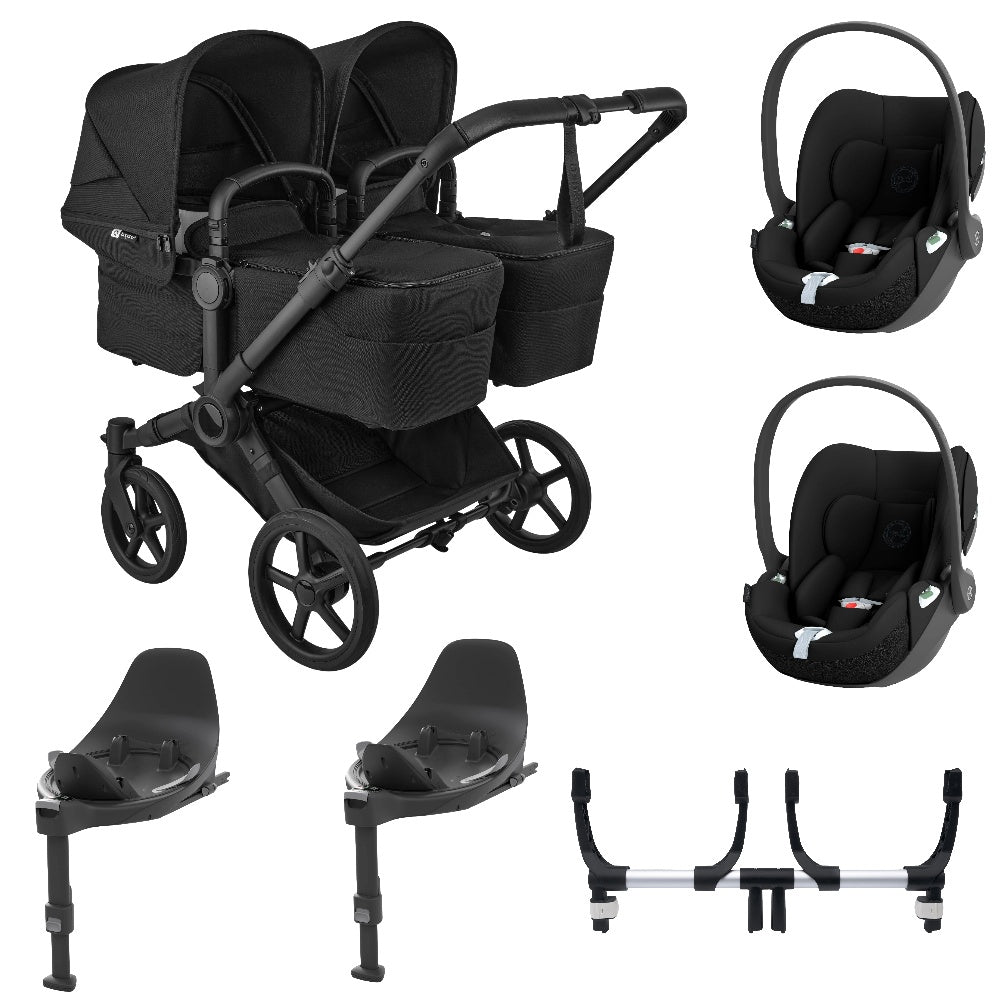 Bugaboo Donkey 6 twin in heritage black with cybex cloud t car seats & bases.