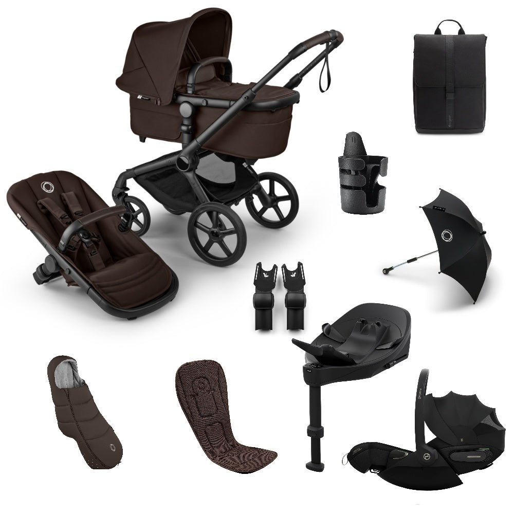 Bugaboo Fox 5 Renew pushchair and accessories in cocoa brown colour, with cybex cloud s car seat and isofix base.