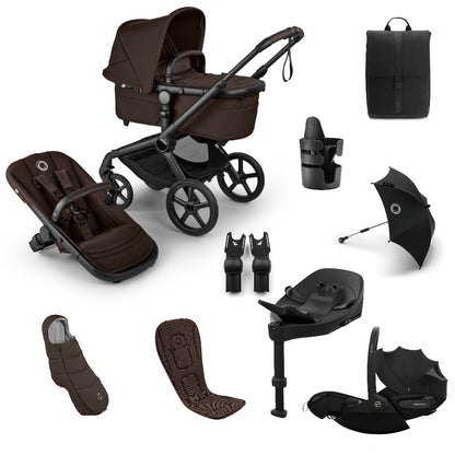Bugaboo Fox 5 Renew pushchair and accessories in cocoa brown colour, with cybex cloud s car seat and isofix base.