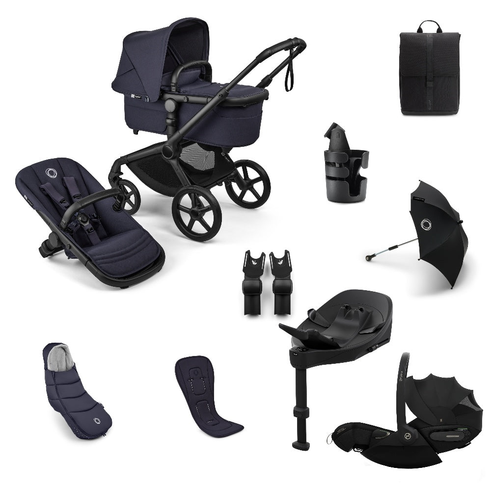 Bugaboo Fox 5 Renew pushchair and accessories in deep indigo navy colour, with cybex cloud s car seat and isofix base.