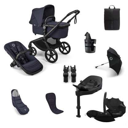 Bugaboo Fox 5 Renew pushchair and accessories in deep indigo navy colour, with cybex cloud s car seat and isofix base.